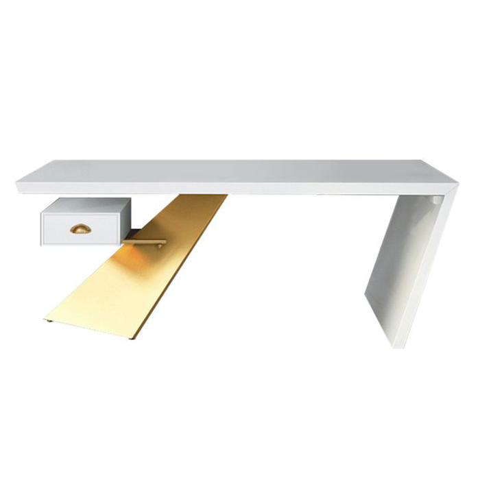 63" White and Gold Office Desk Modern Writing Desk with One Drawer